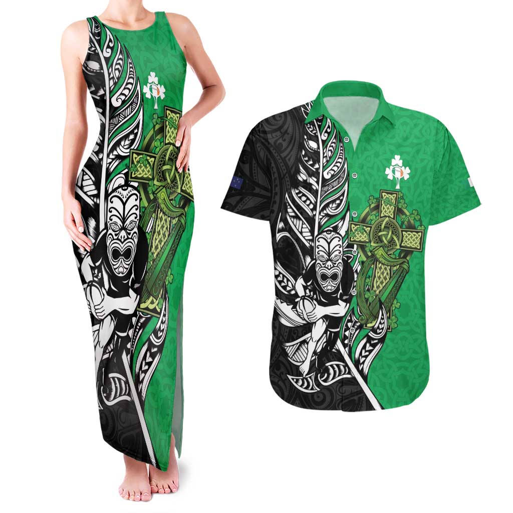 New Zealand and Ireland Rugby Custom Couples Matching Tank Maxi Dress and Hawaiian Shirt Maori Tiki Fern Irish Celtic Cross - Aussie Hoodie