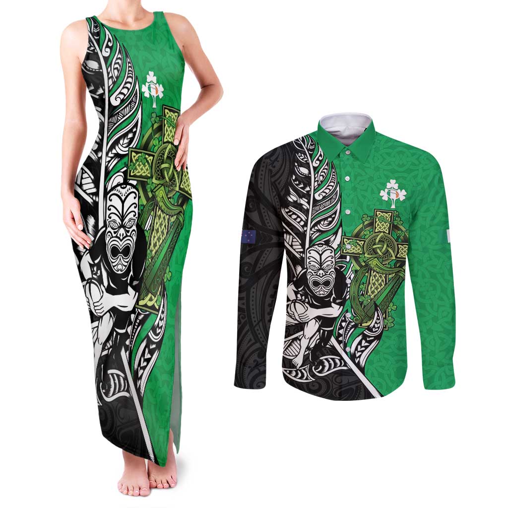 New Zealand and Ireland Rugby Custom Couples Matching Tank Maxi Dress and Long Sleeve Button Shirt Maori Tiki Fern Irish Celtic Cross - Aussie Hoodie