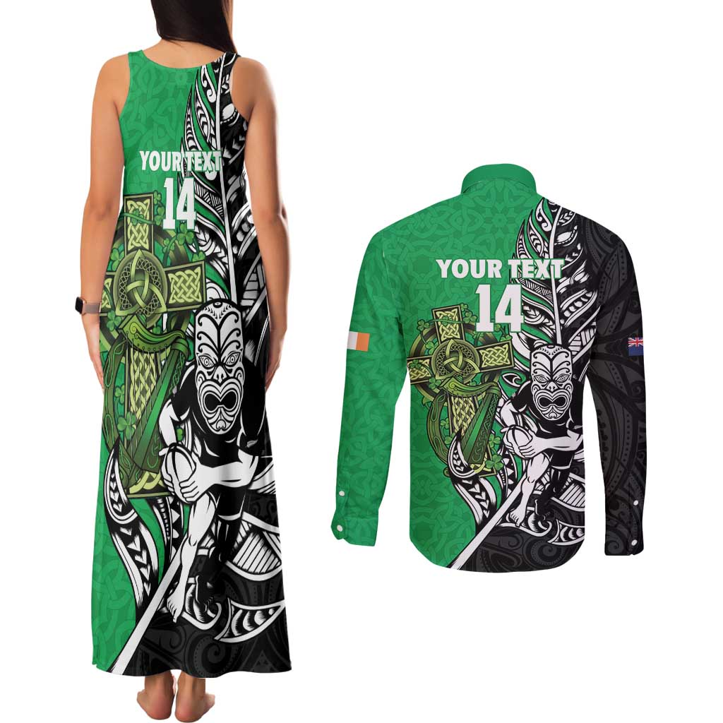 New Zealand and Ireland Rugby Custom Couples Matching Tank Maxi Dress and Long Sleeve Button Shirt Maori Tiki Fern Irish Celtic Cross - Aussie Hoodie