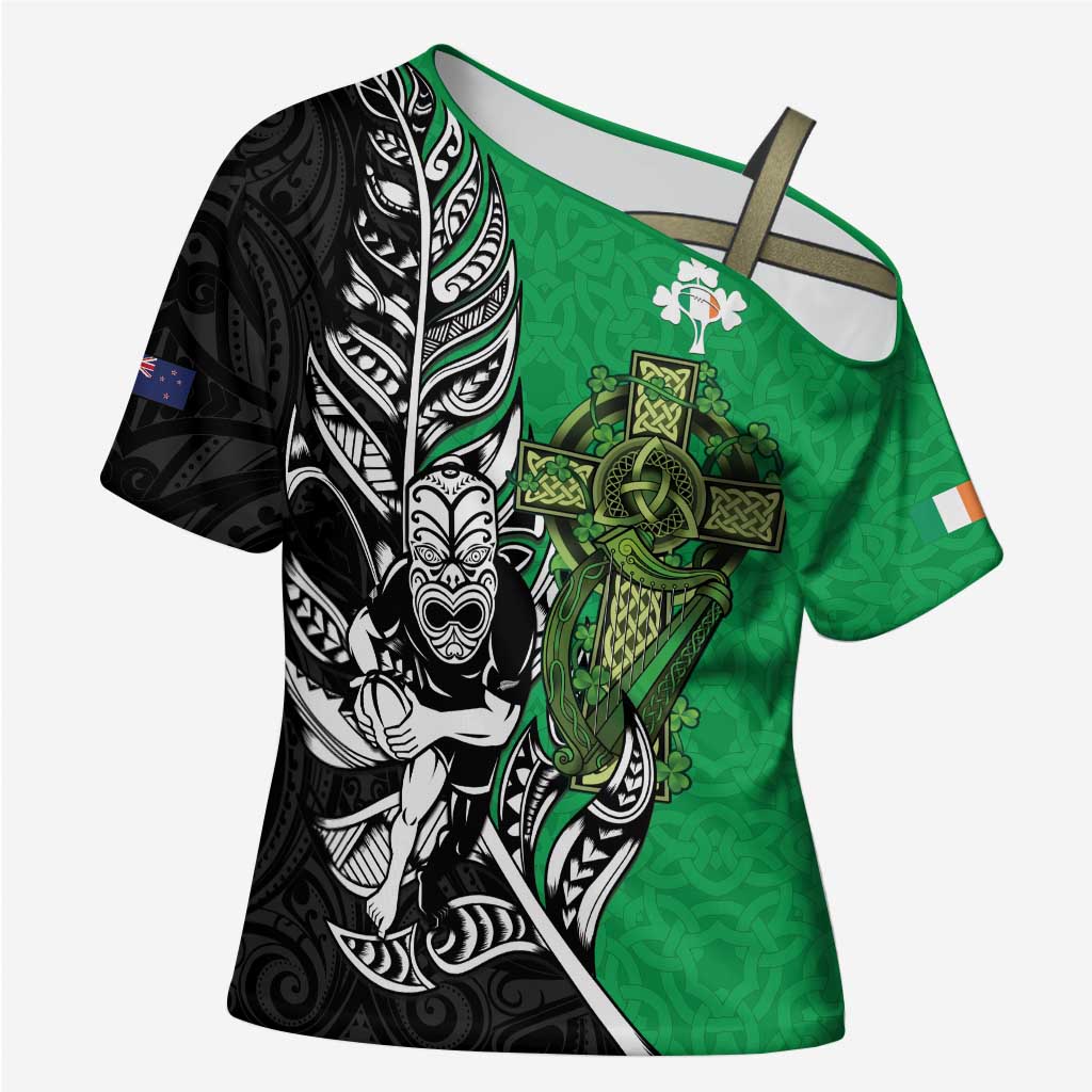 New Zealand and Ireland Rugby Custom Cross Shoulder Shirt Maori Tiki Fern Irish Celtic Cross - Aussie Hoodie