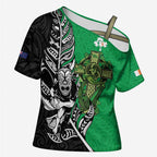 New Zealand and Ireland Rugby Custom Cross Shoulder Shirt Maori Tiki Fern Irish Celtic Cross - Aussie Hoodie
