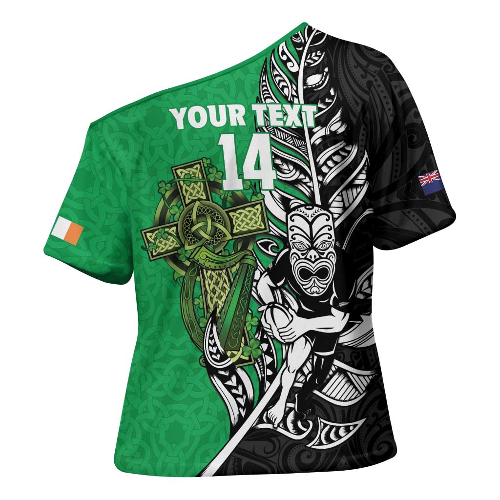 New Zealand and Ireland Rugby Custom Cross Shoulder Shirt Maori Tiki Fern Irish Celtic Cross - Aussie Hoodie