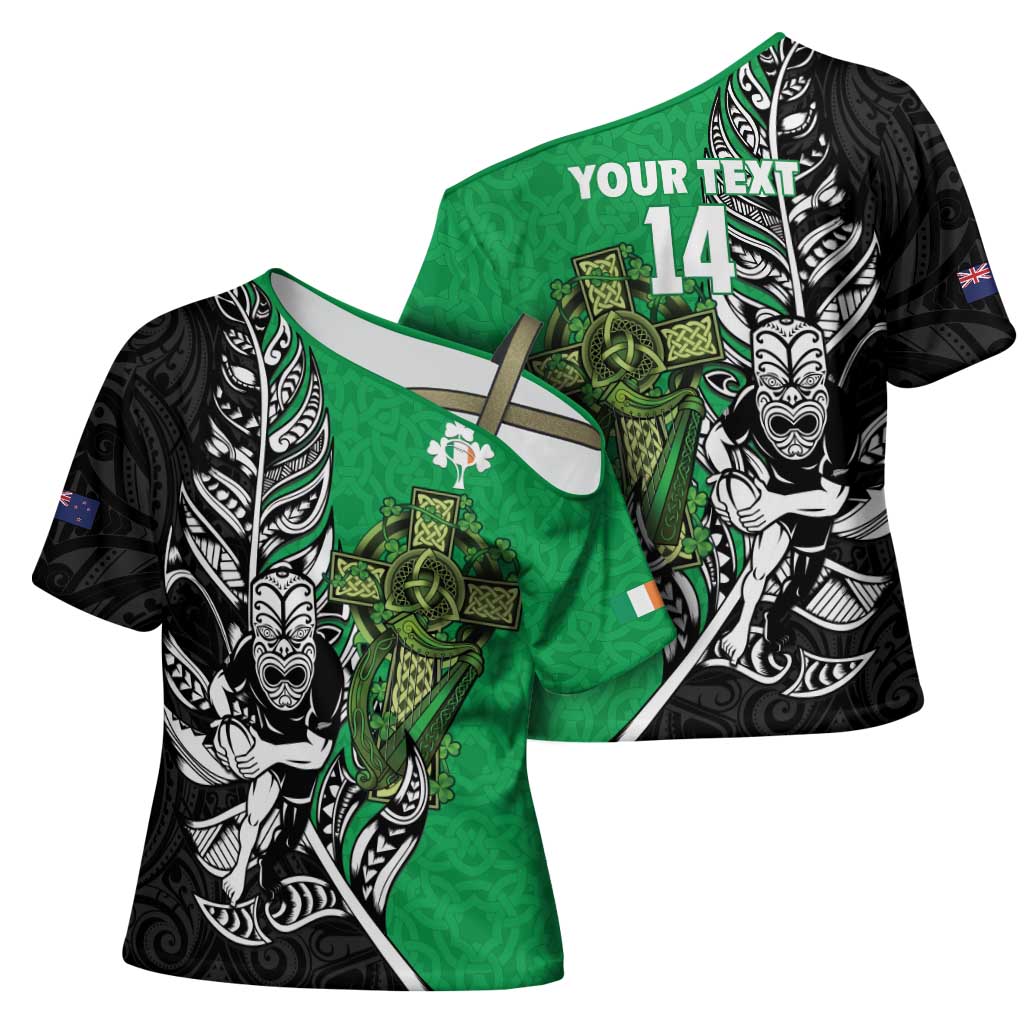 New Zealand and Ireland Rugby Custom Cross Shoulder Shirt Maori Tiki Fern Irish Celtic Cross - Aussie Hoodie