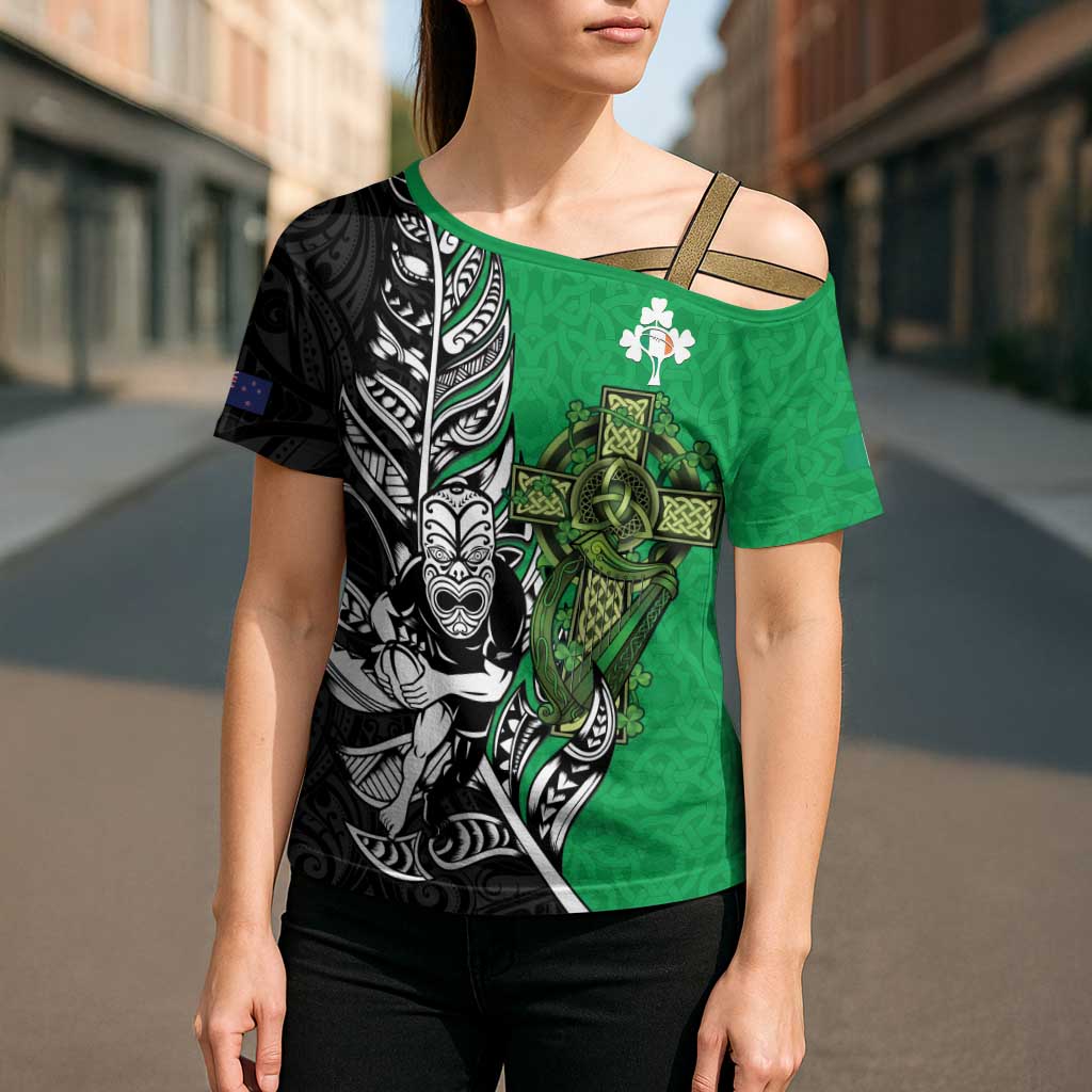 New Zealand and Ireland Rugby Custom Cross Shoulder Shirt Maori Tiki Fern Irish Celtic Cross - Aussie Hoodie