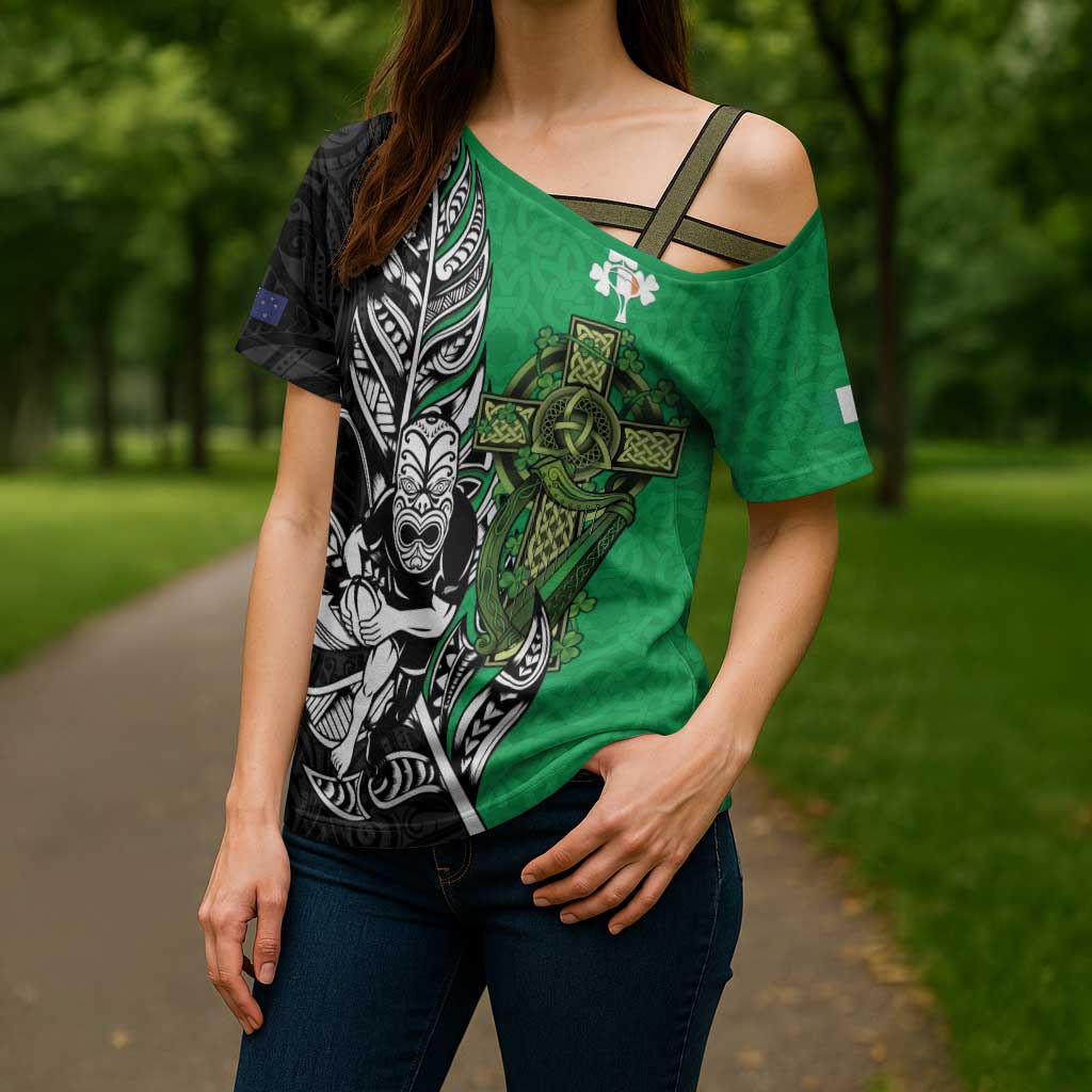 New Zealand and Ireland Rugby Custom Cross Shoulder Shirt Maori Tiki Fern Irish Celtic Cross - Aussie Hoodie