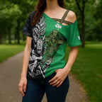 New Zealand and Ireland Rugby Custom Cross Shoulder Shirt Maori Tiki Fern Irish Celtic Cross - Aussie Hoodie