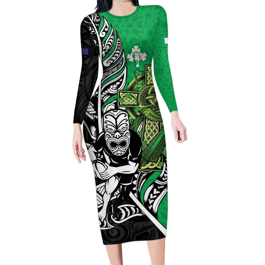New Zealand and Ireland Rugby Custom Family Matching Long Sleeve Bodycon Dress and Hawaiian Shirt Maori Tiki Fern Irish Celtic Cross - Aussie Hoodie