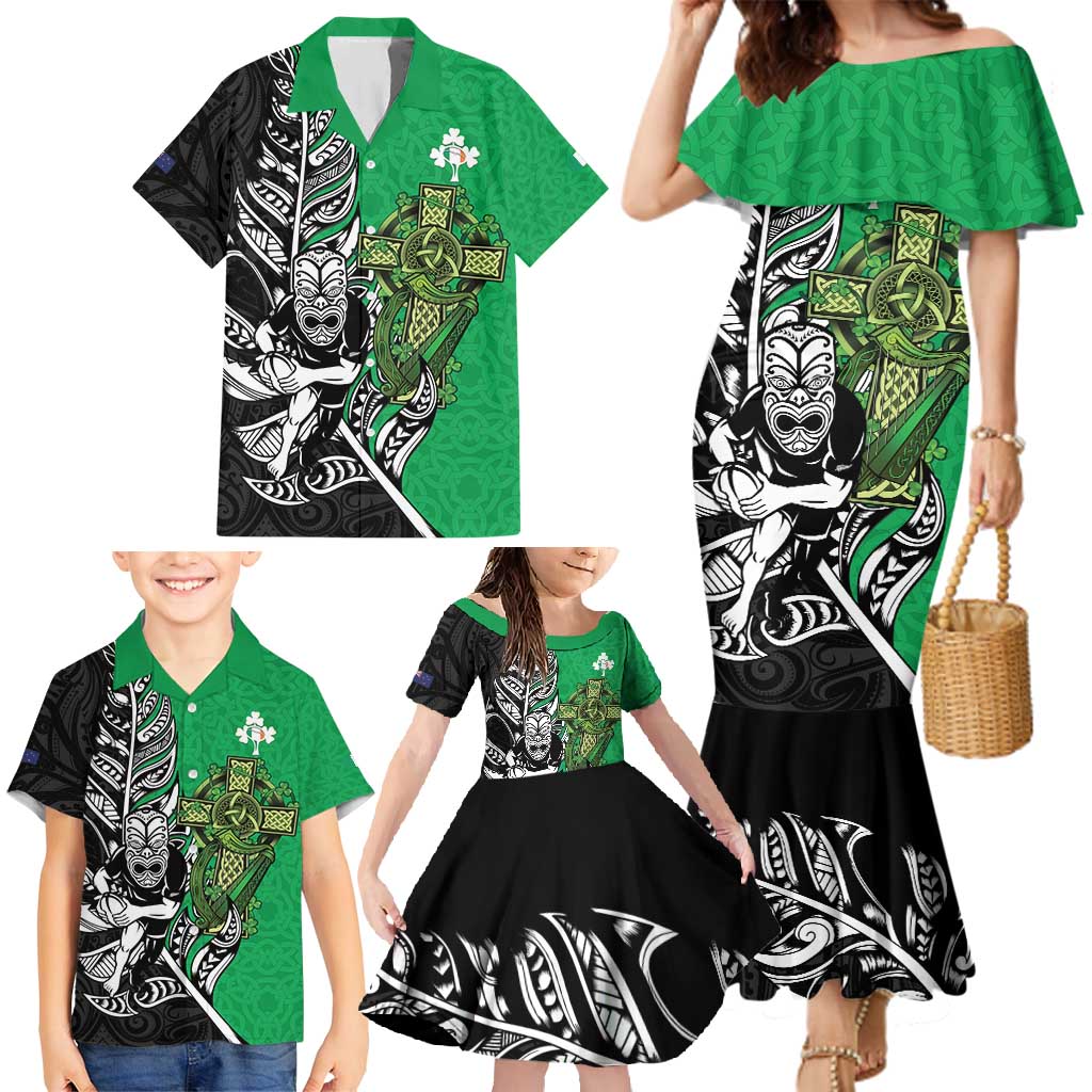New Zealand and Ireland Rugby Custom Family Matching Mermaid Dress and Hawaiian Shirt Maori Tiki Fern Irish Celtic Cross - Aussie Hoodie