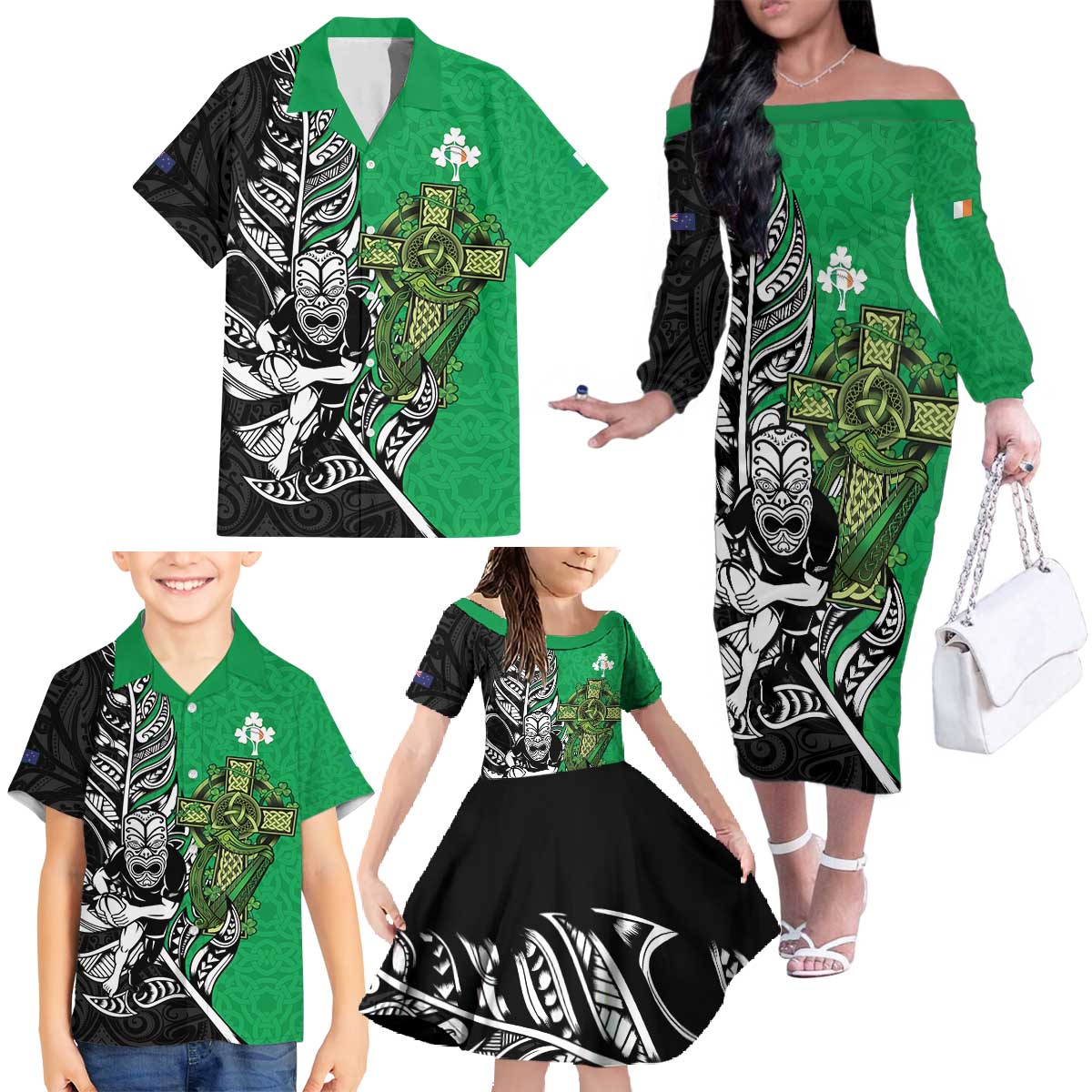 New Zealand and Ireland Rugby Custom Family Matching Off The Shoulder Long Sleeve Dress and Hawaiian Shirt Maori Tiki Fern Irish Celtic Cross - Aussie Hoodie