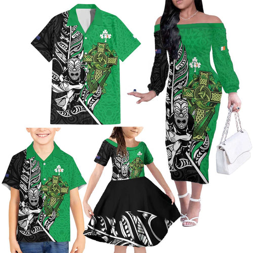 New Zealand and Ireland Rugby Custom Family Matching Off The Shoulder Long Sleeve Dress and Hawaiian Shirt Maori Tiki Fern Irish Celtic Cross - Aussie Hoodie