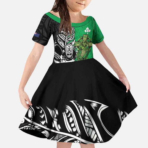 New Zealand and Ireland Rugby Custom Family Matching Off The Shoulder Long Sleeve Dress and Hawaiian Shirt Maori Tiki Fern Irish Celtic Cross - Aussie Hoodie