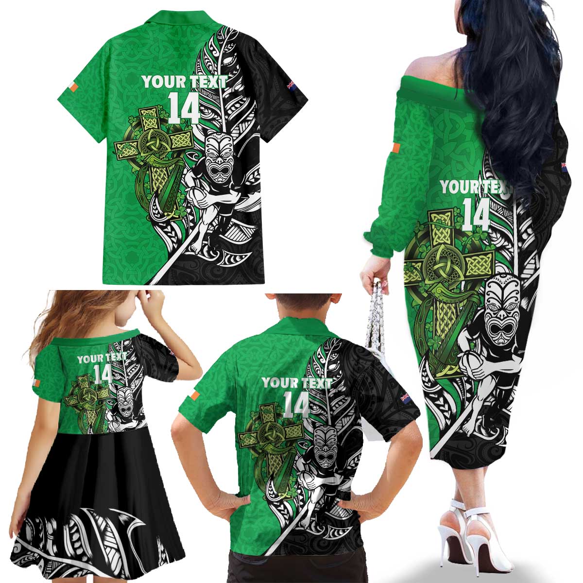 New Zealand and Ireland Rugby Custom Family Matching Off The Shoulder Long Sleeve Dress and Hawaiian Shirt Maori Tiki Fern Irish Celtic Cross - Aussie Hoodie