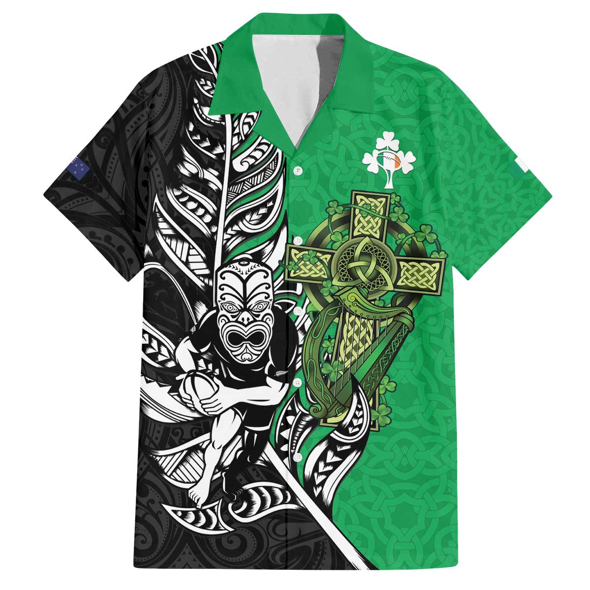 New Zealand and Ireland Rugby Custom Family Matching Off The Shoulder Long Sleeve Dress and Hawaiian Shirt Maori Tiki Fern Irish Celtic Cross - Aussie Hoodie