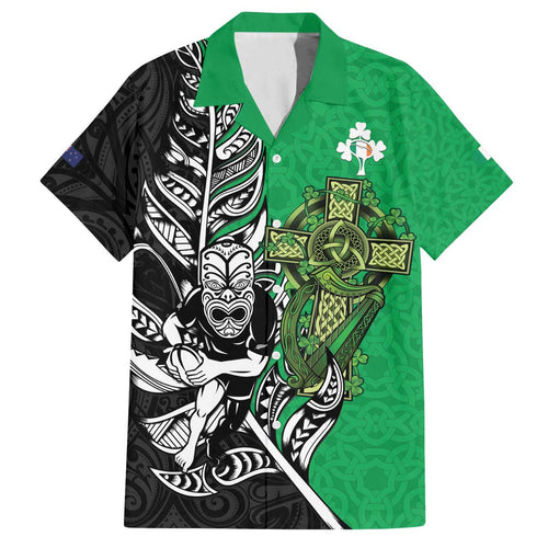 New Zealand and Ireland Rugby Custom Family Matching Off The Shoulder Long Sleeve Dress and Hawaiian Shirt Maori Tiki Fern Irish Celtic Cross - Aussie Hoodie