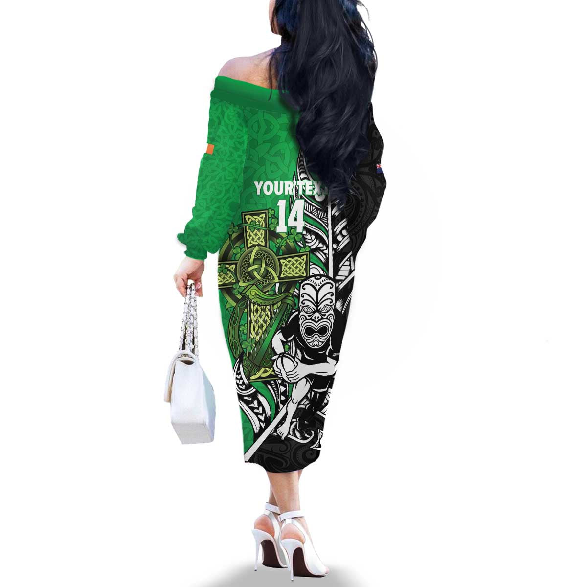 New Zealand and Ireland Rugby Custom Family Matching Off The Shoulder Long Sleeve Dress and Hawaiian Shirt Maori Tiki Fern Irish Celtic Cross - Aussie Hoodie