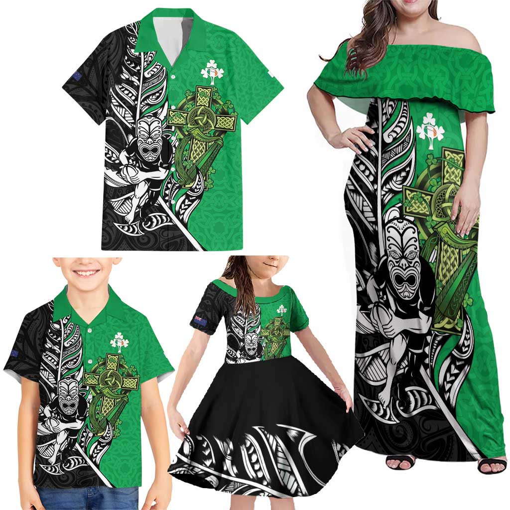 New Zealand and Ireland Rugby Custom Family Matching Off Shoulder Maxi Dress and Hawaiian Shirt Maori Tiki Fern Irish Celtic Cross - Aussie Hoodie