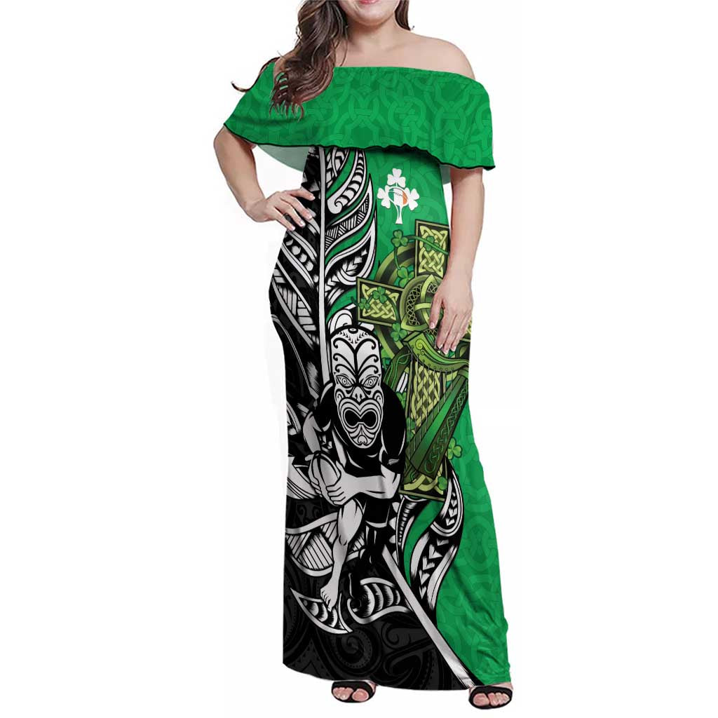 New Zealand and Ireland Rugby Custom Family Matching Off Shoulder Maxi Dress and Hawaiian Shirt Maori Tiki Fern Irish Celtic Cross - Aussie Hoodie
