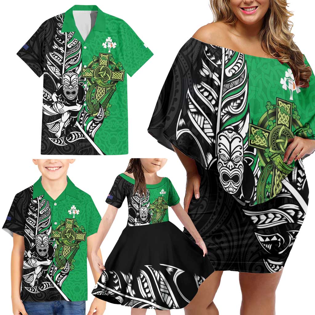 New Zealand and Ireland Rugby Custom Family Matching Off Shoulder Short Dress and Hawaiian Shirt Maori Tiki Fern Irish Celtic Cross - Aussie Hoodie