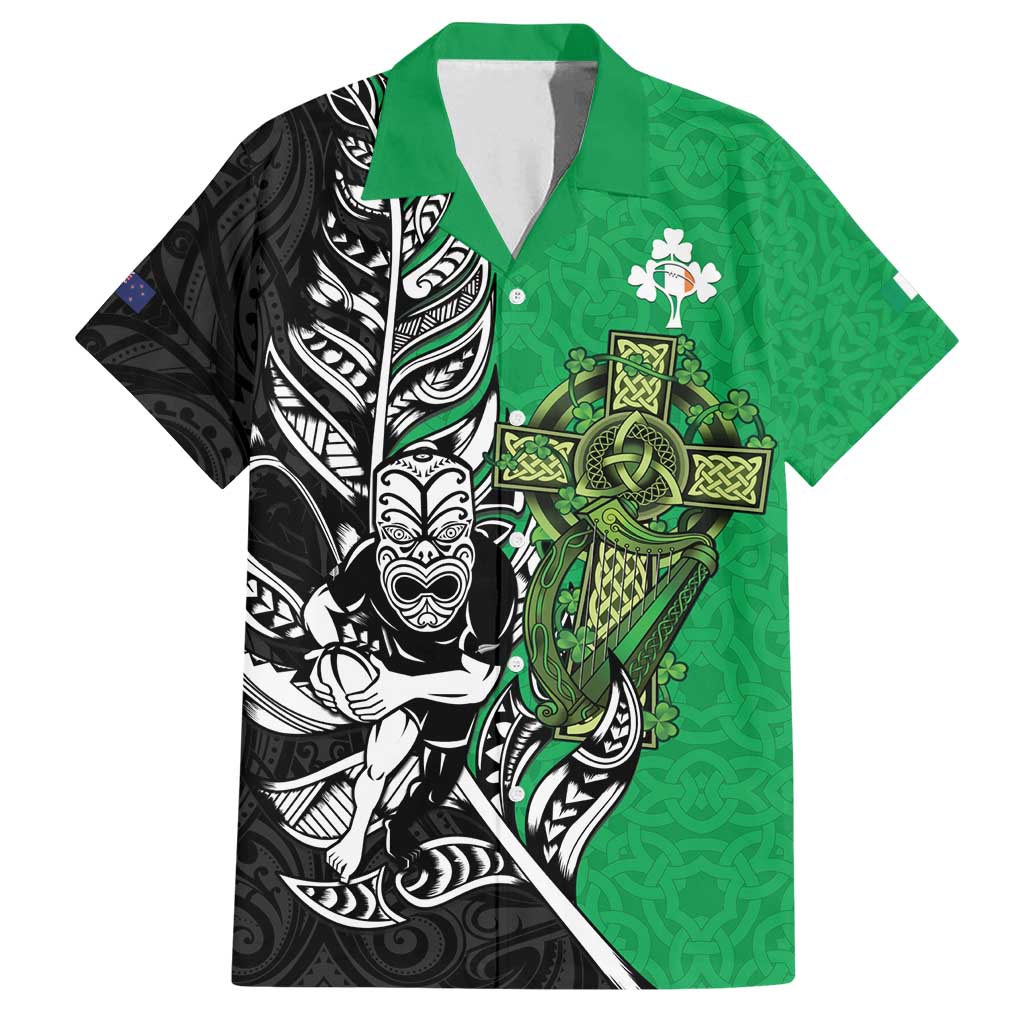 New Zealand and Ireland Rugby Custom Family Matching Off Shoulder Short Dress and Hawaiian Shirt Maori Tiki Fern Irish Celtic Cross - Aussie Hoodie
