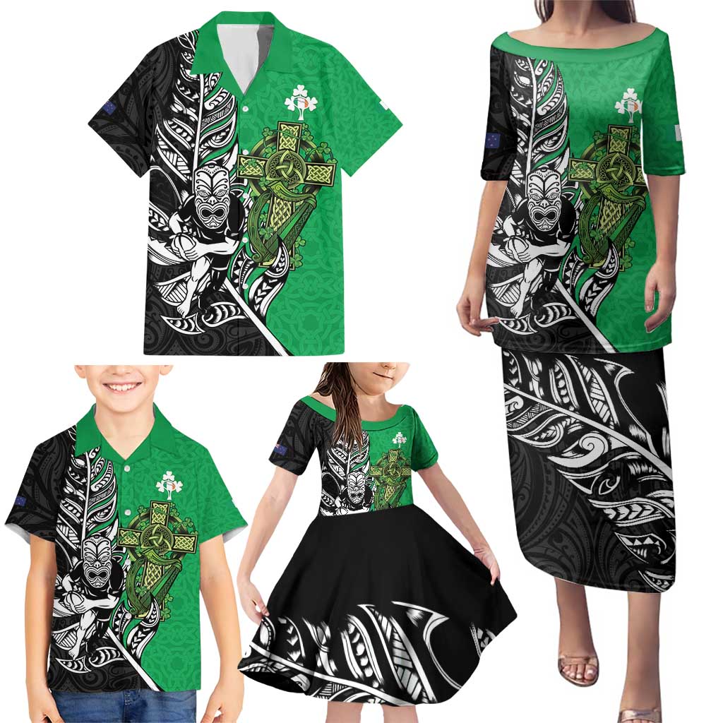 New Zealand and Ireland Rugby Custom Family Matching Puletasi and Hawaiian Shirt Maori Tiki Fern Irish Celtic Cross - Aussie Hoodie
