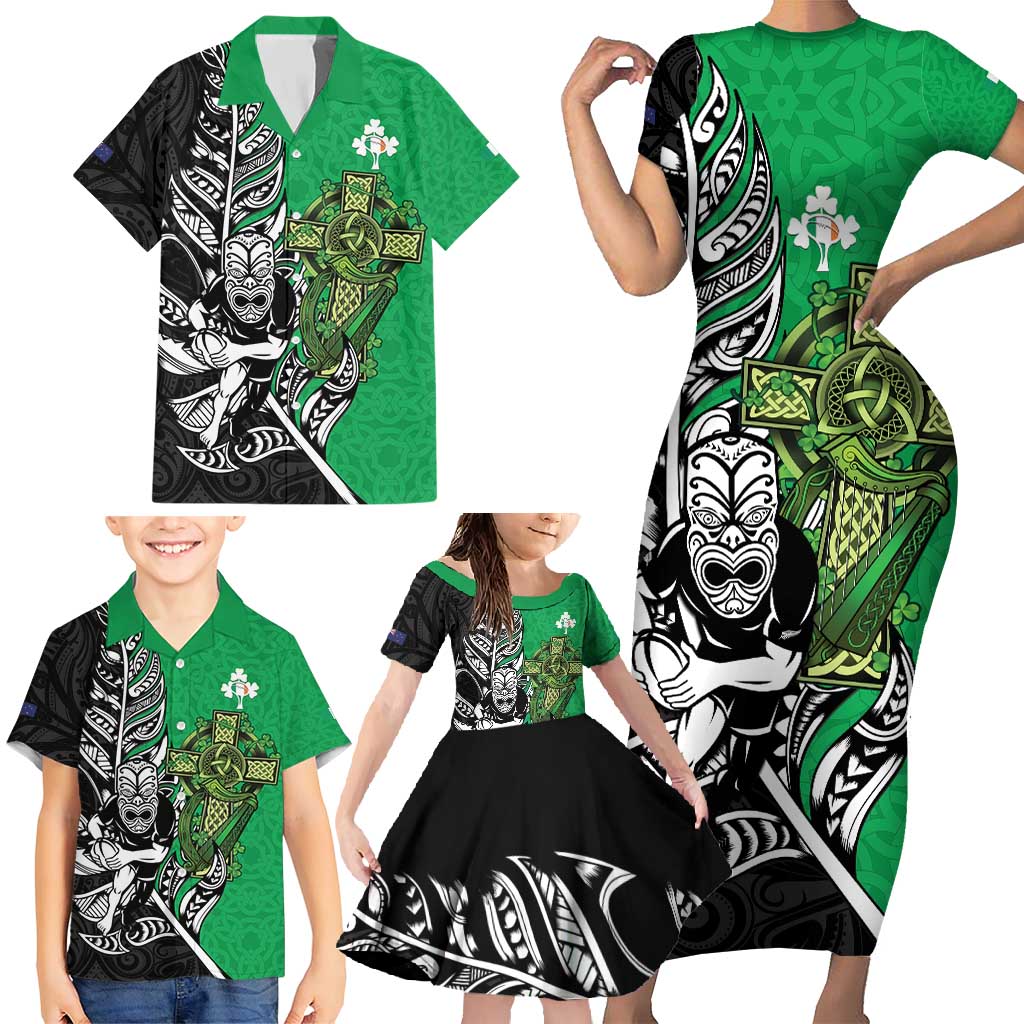 New Zealand and Ireland Rugby Custom Family Matching Short Sleeve Bodycon Dress and Hawaiian Shirt Maori Tiki Fern Irish Celtic Cross - Aussie Hoodie