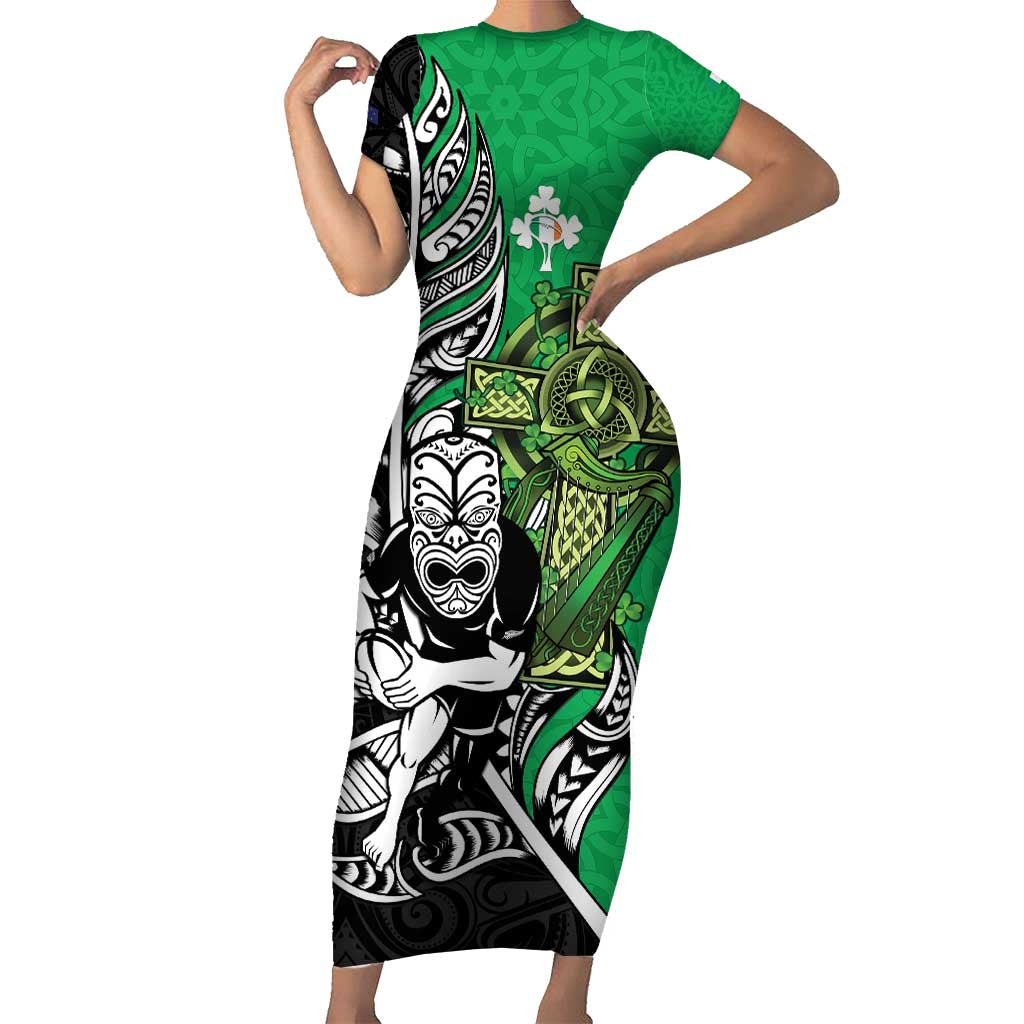New Zealand and Ireland Rugby Custom Family Matching Short Sleeve Bodycon Dress and Hawaiian Shirt Maori Tiki Fern Irish Celtic Cross - Aussie Hoodie