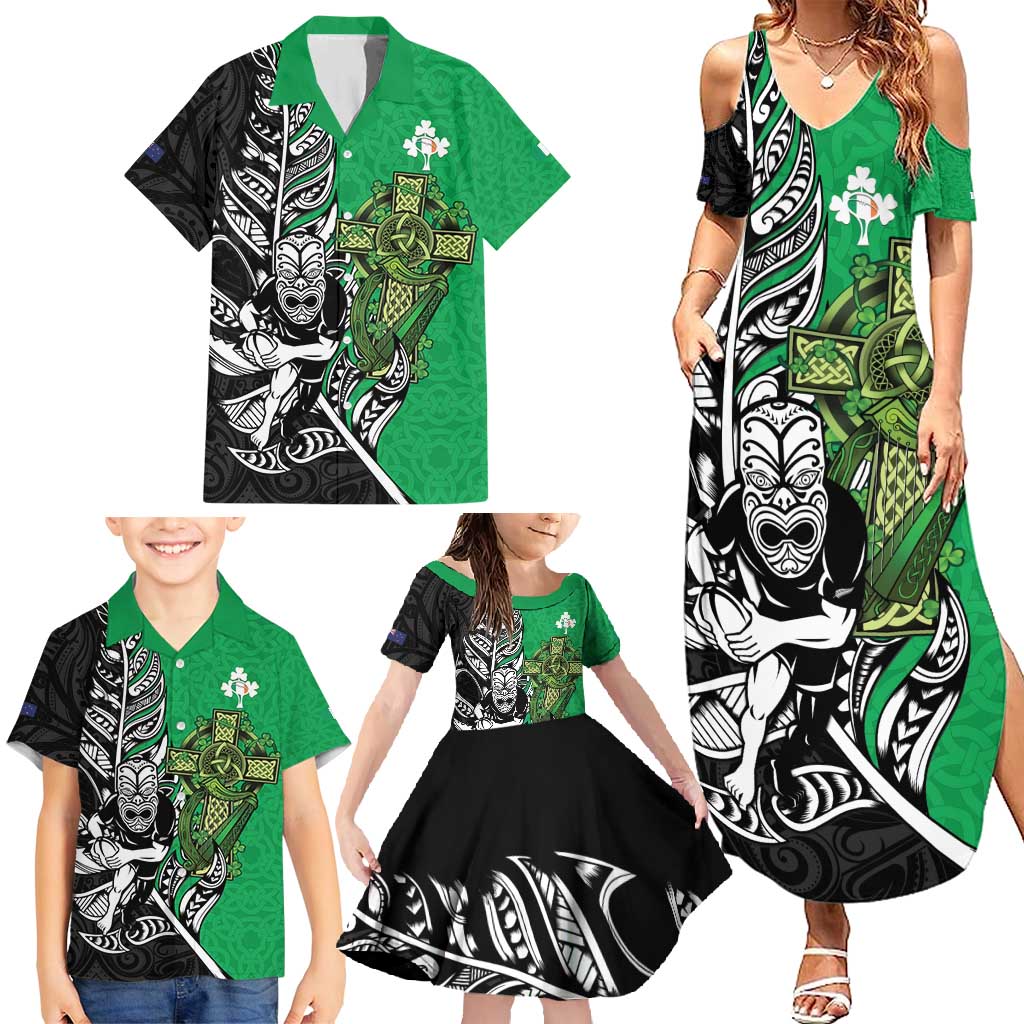 New Zealand and Ireland Rugby Custom Family Matching Summer Maxi Dress and Hawaiian Shirt Maori Tiki Fern Irish Celtic Cross - Aussie Hoodie