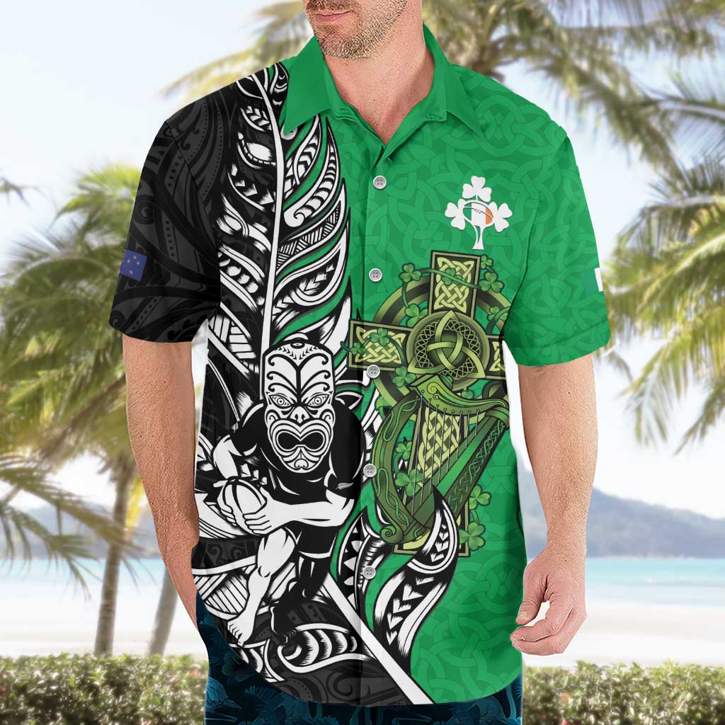 New Zealand and Ireland Rugby Custom Hawaiian Shirt Maori Tiki Fern Irish Celtic Cross - Aussie Hoodie