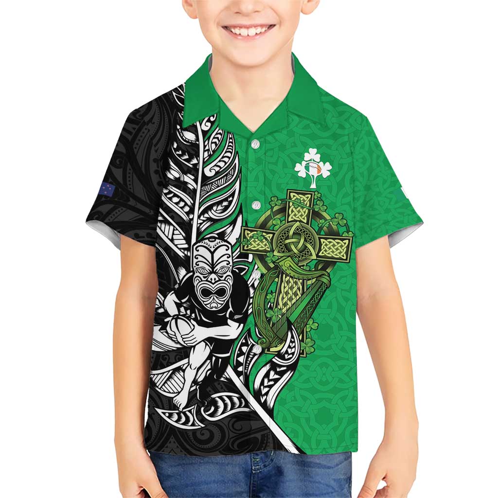 New Zealand and Ireland Rugby Custom Hawaiian Shirt Maori Tiki Fern Irish Celtic Cross - Aussie Hoodie