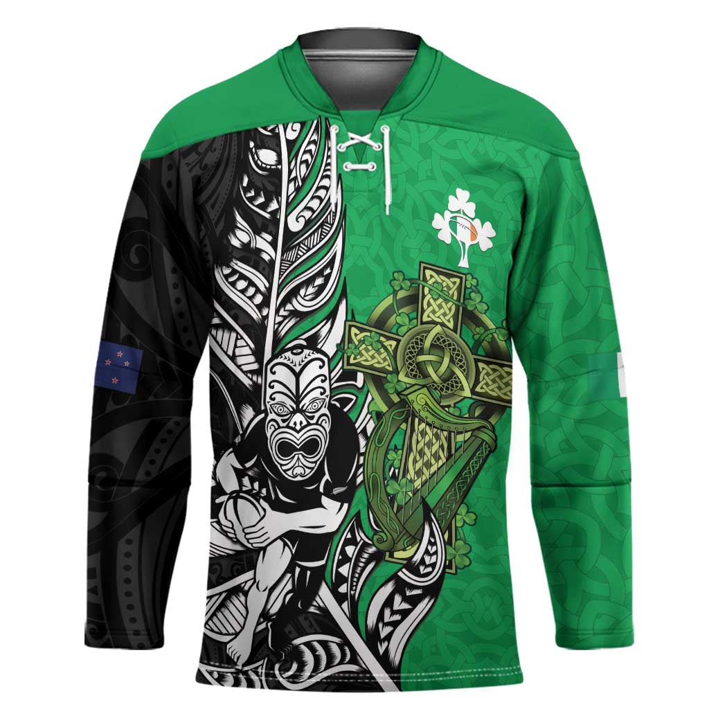 New Zealand and Ireland Rugby Custom Hockey Jersey Maori Tiki Fern Irish Celtic Cross - Aussie Hoodie