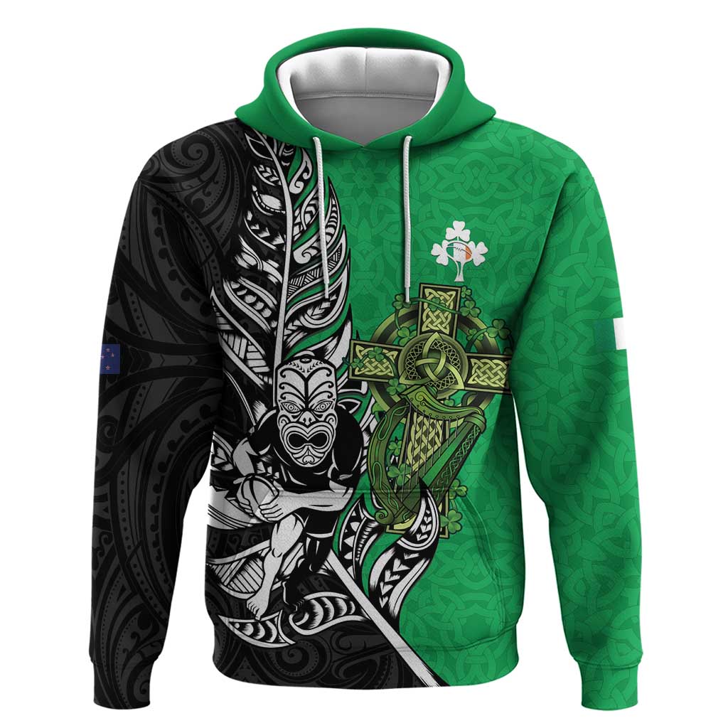New Zealand and Ireland Rugby Custom Hoodie Maori Tiki Fern Irish Celtic Cross - Aussie Hoodie