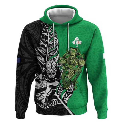 New Zealand and Ireland Rugby Custom Hoodie Maori Tiki Fern Irish Celtic Cross - Aussie Hoodie