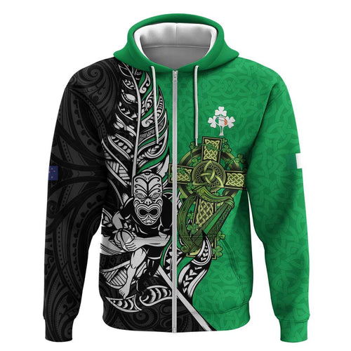 New Zealand and Ireland Rugby Custom Hoodie Maori Tiki Fern Irish Celtic Cross - Aussie Hoodie