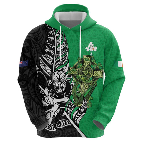 New Zealand and Ireland Rugby Custom Hoodie Maori Tiki Fern Irish Celtic Cross - Aussie Hoodie