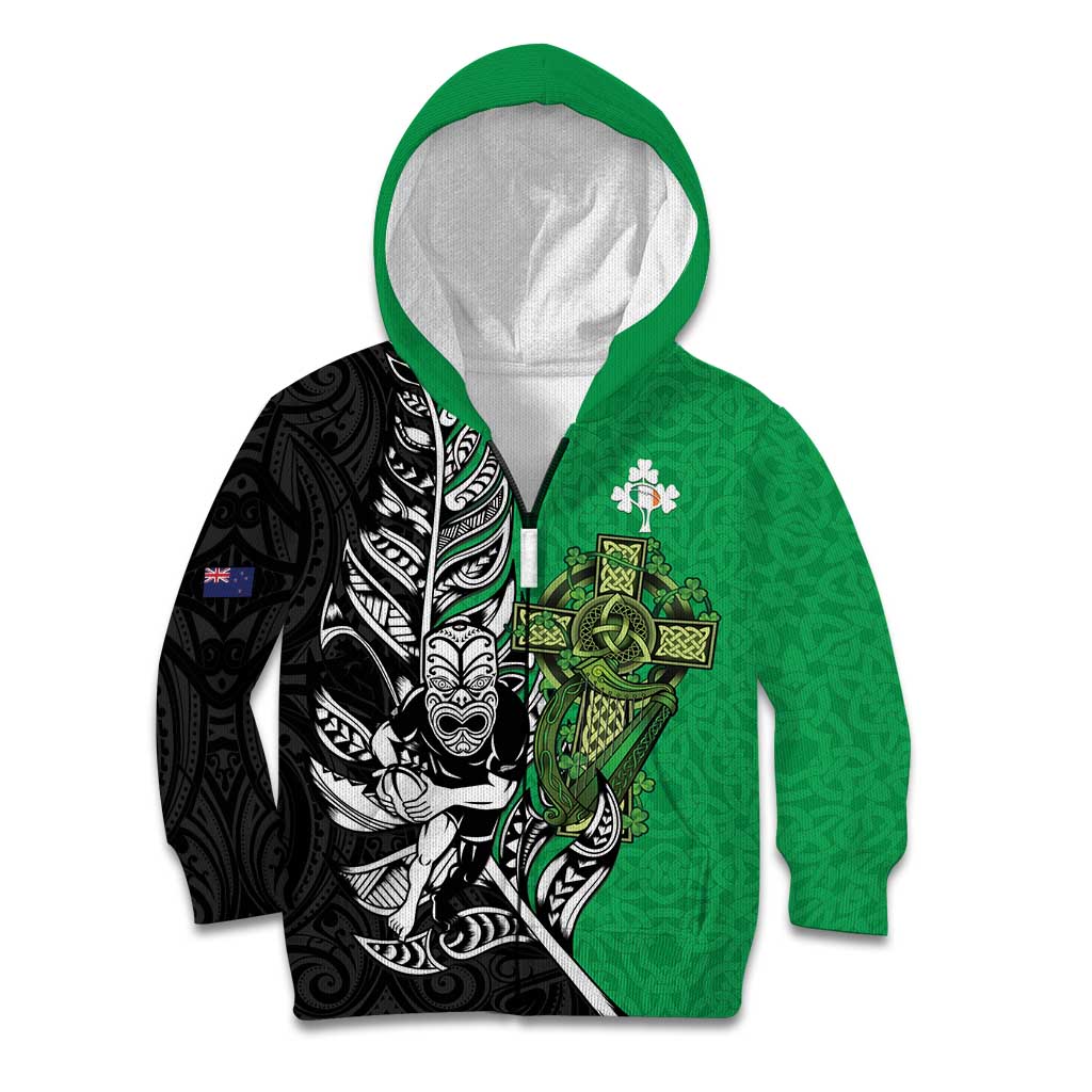 New Zealand and Ireland Rugby Custom Kid Hoodie Maori Tiki Fern Irish Celtic Cross - Aussie Hoodie