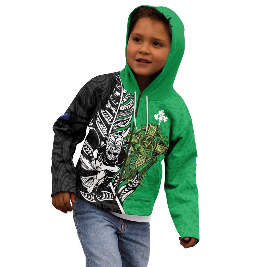 New Zealand and Ireland Rugby Custom Kid Hoodie Maori Tiki Fern Irish Celtic Cross - Aussie Hoodie