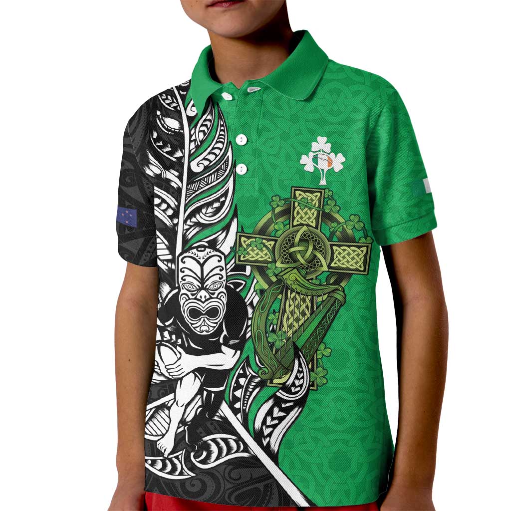 New Zealand and Ireland Rugby Custom Kid Polo Shirt Maori Tiki Fern Irish Celtic Cross - Aussie Hoodie