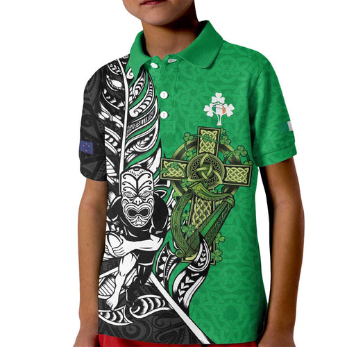 New Zealand and Ireland Rugby Custom Kid Polo Shirt Maori Tiki Fern Irish Celtic Cross - Aussie Hoodie