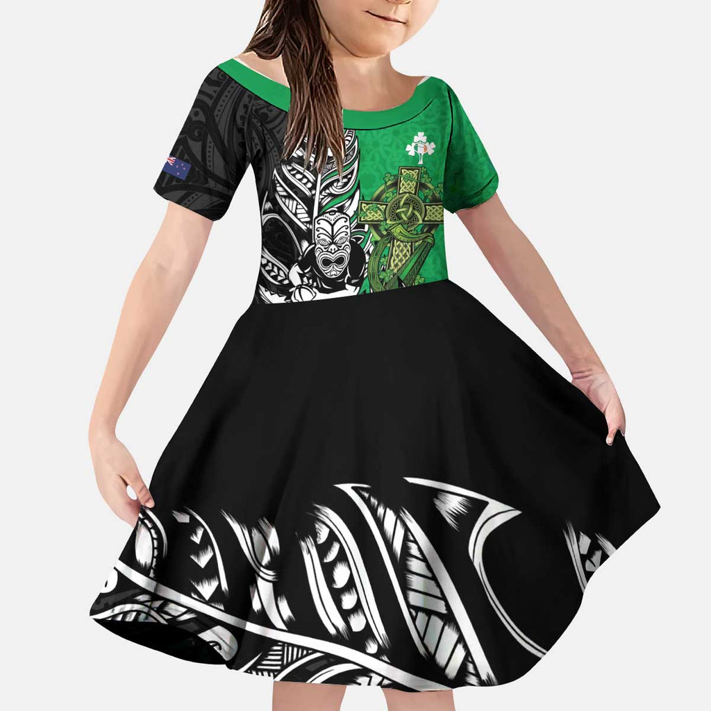 New Zealand and Ireland Rugby Custom Kid Short Sleeve Dress Maori Tiki Fern Irish Celtic Cross - Aussie Hoodie