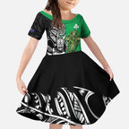 New Zealand and Ireland Rugby Custom Kid Short Sleeve Dress Maori Tiki Fern Irish Celtic Cross - Aussie Hoodie