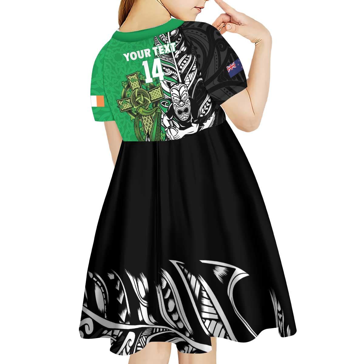 New Zealand and Ireland Rugby Custom Kid Short Sleeve Dress Maori Tiki Fern Irish Celtic Cross - Aussie Hoodie