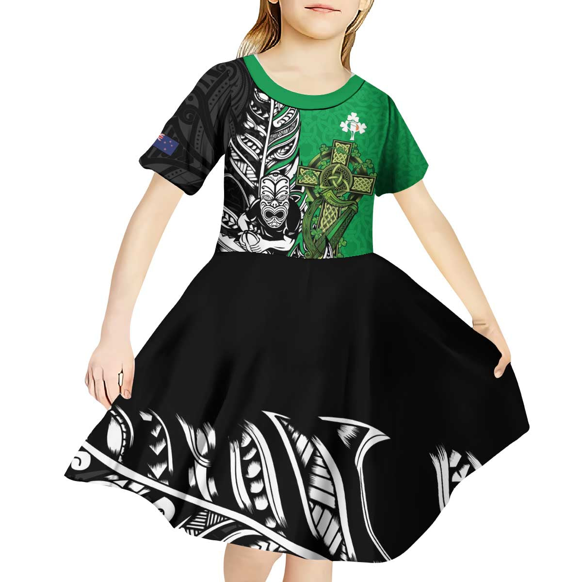 New Zealand and Ireland Rugby Custom Kid Short Sleeve Dress Maori Tiki Fern Irish Celtic Cross - Aussie Hoodie