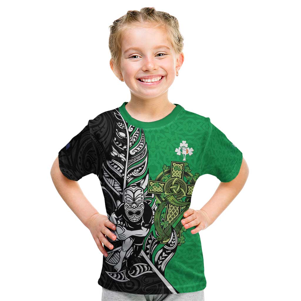 New Zealand and Ireland Rugby Custom Kid T Shirt Maori Tiki Fern Irish Celtic Cross - Aussie Hoodie
