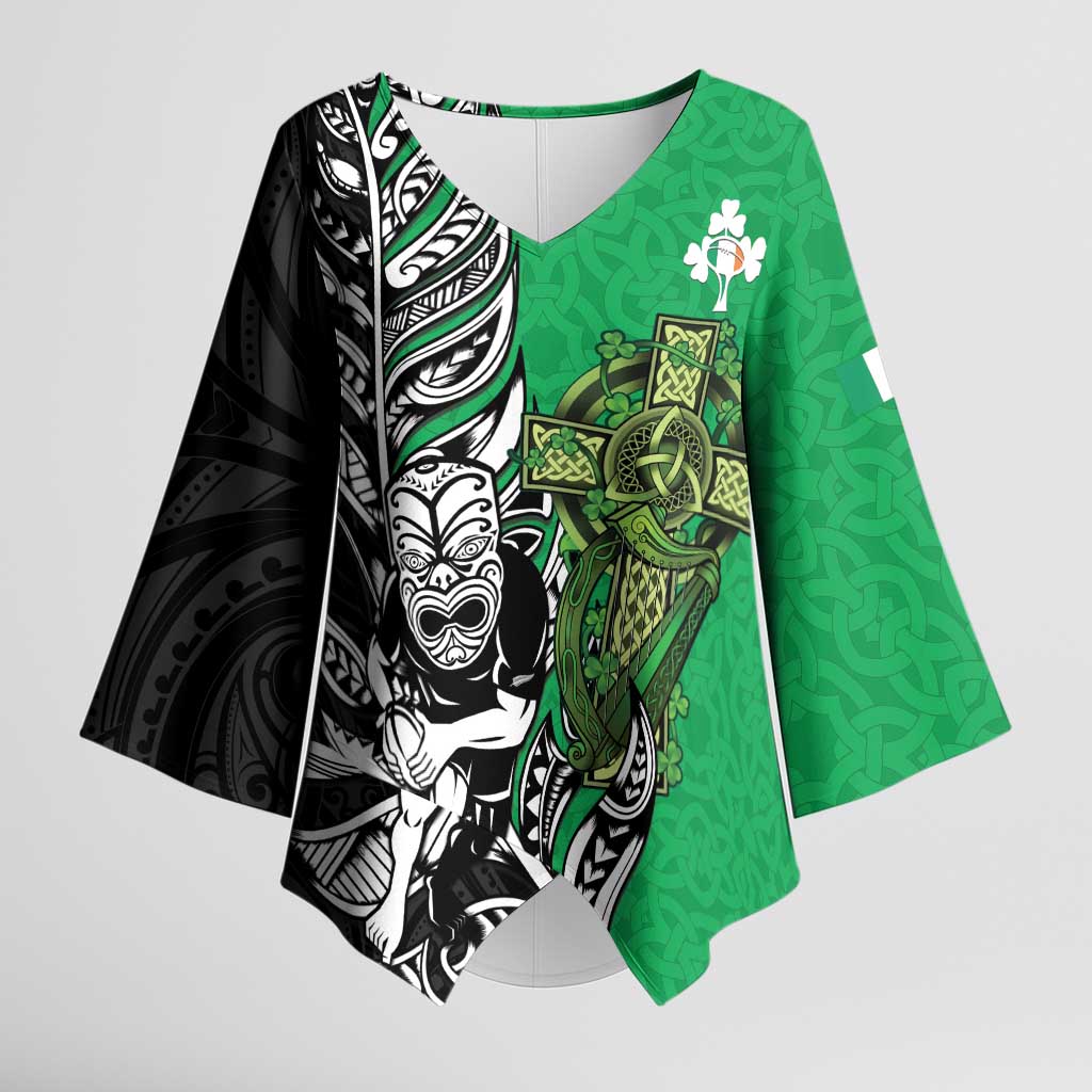 New Zealand and Ireland Rugby Custom Kimono Sleeve Blouse Maori Tiki Fern Irish Celtic Cross - Aussie Hoodie