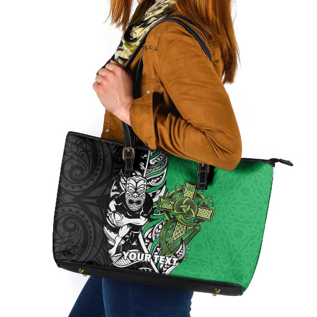 New Zealand and Ireland Rugby Custom Leather Tote Bag Maori Tiki Fern Irish Celtic Cross - Aussie Hoodie