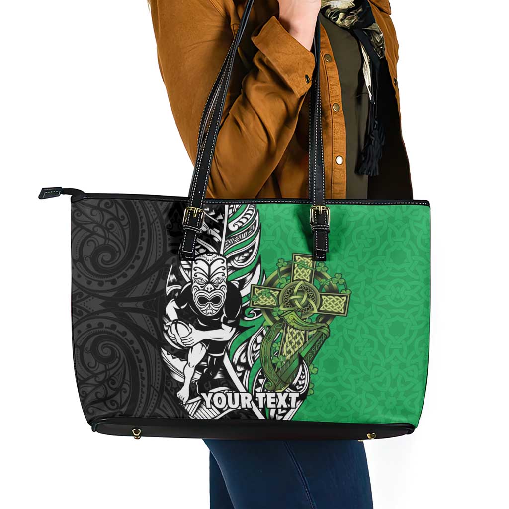New Zealand and Ireland Rugby Custom Leather Tote Bag Maori Tiki Fern Irish Celtic Cross - Aussie Hoodie