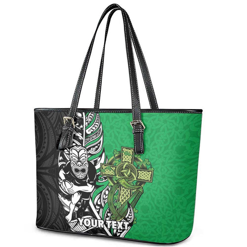 New Zealand and Ireland Rugby Custom Leather Tote Bag Maori Tiki Fern Irish Celtic Cross - Aussie Hoodie