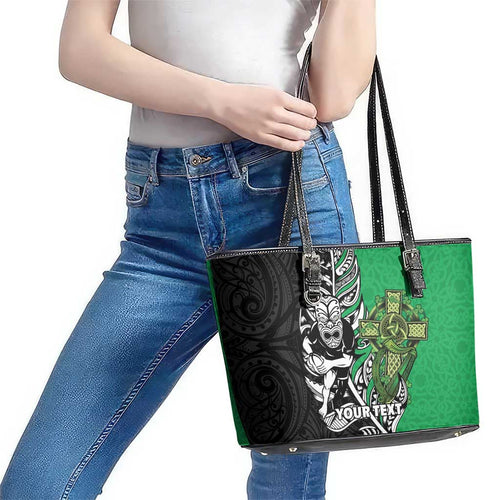 New Zealand and Ireland Rugby Custom Leather Tote Bag Maori Tiki Fern Irish Celtic Cross - Aussie Hoodie