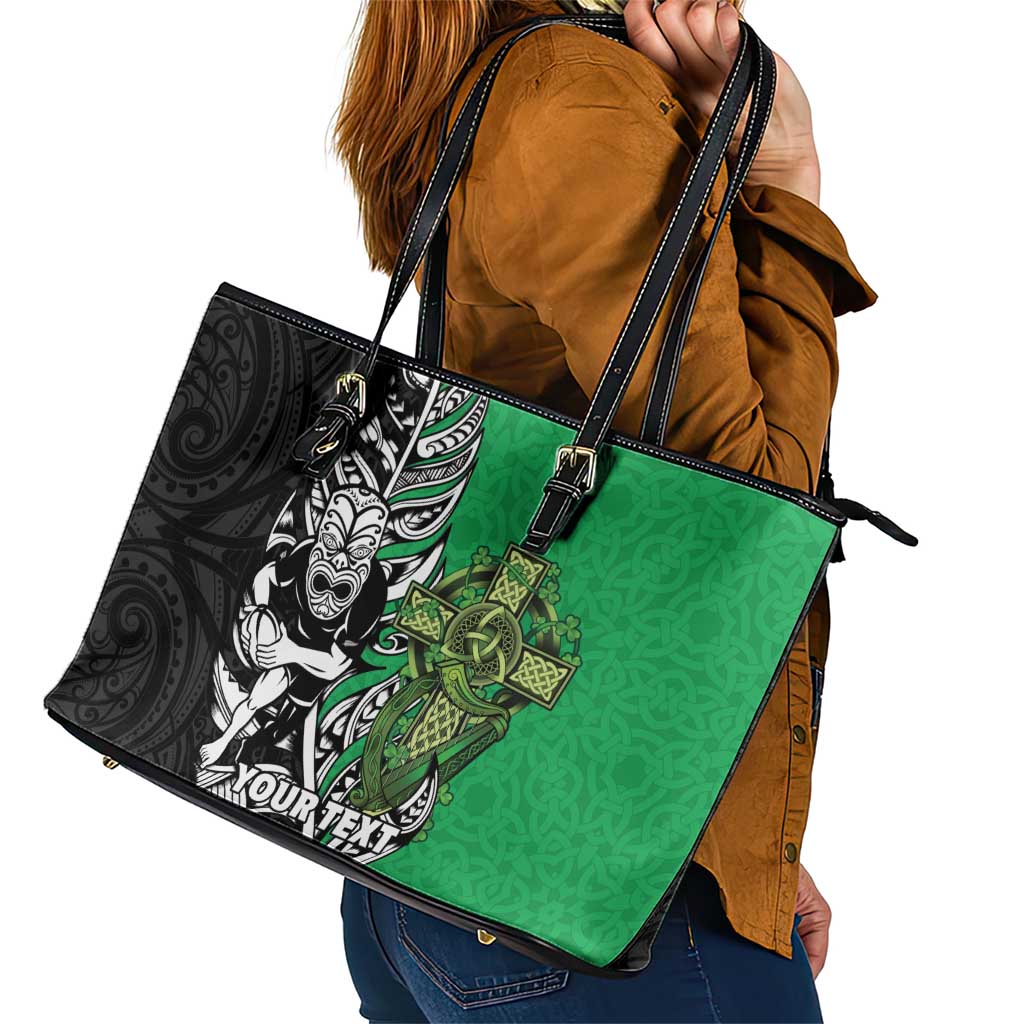 New Zealand and Ireland Rugby Custom Leather Tote Bag Maori Tiki Fern Irish Celtic Cross - Aussie Hoodie