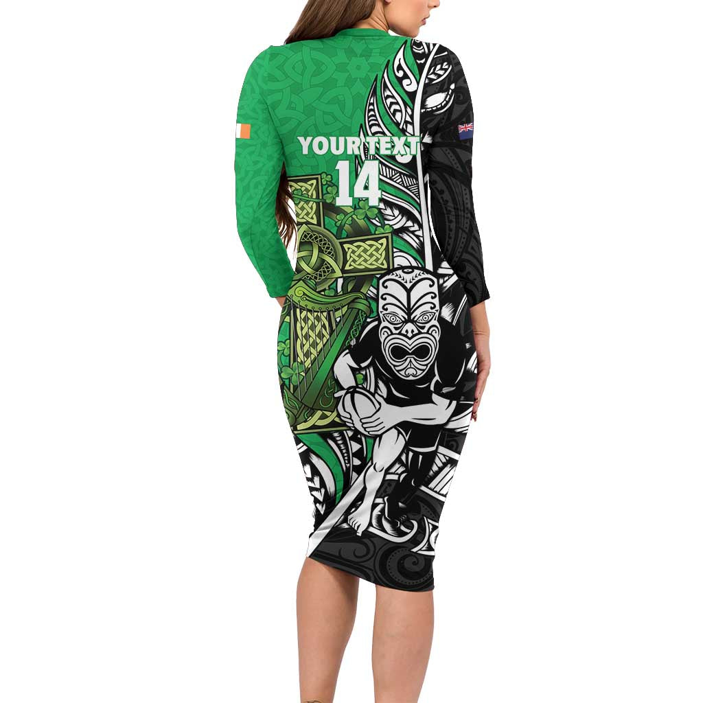 New Zealand and Ireland Rugby Custom Long Sleeve Bodycon Dress Maori Tiki Fern Irish Celtic Cross - Aussie Hoodie